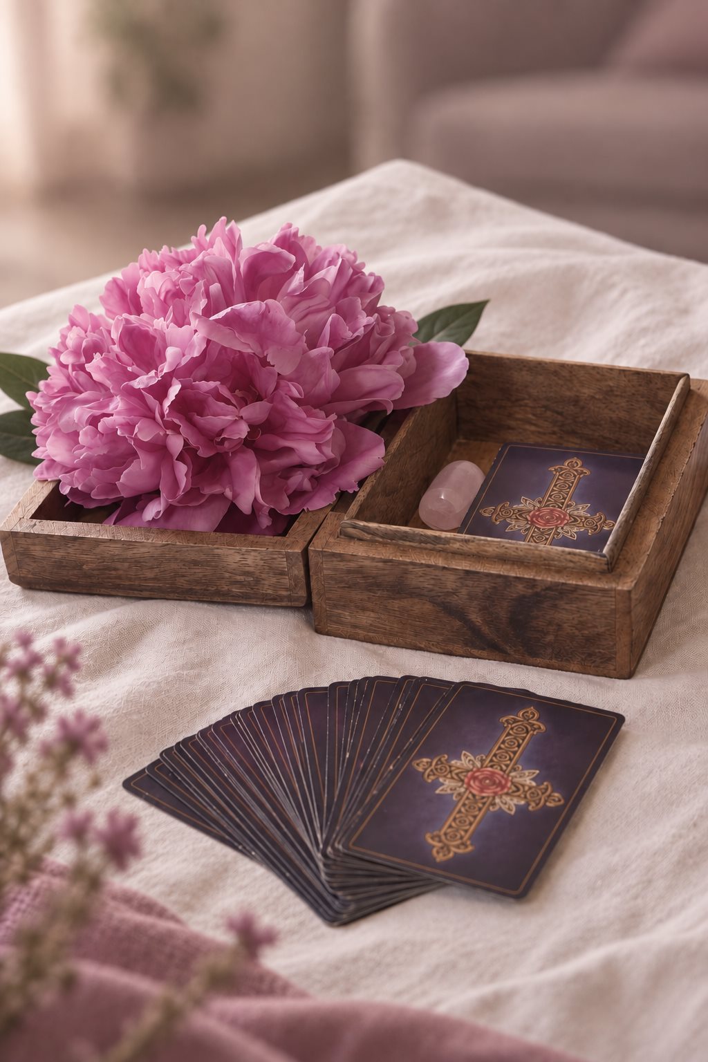 Rosa pion, träask och tarotkortlek med rosmotiv
